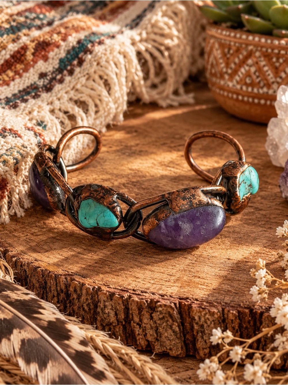 Vintage Boho Turquoise & Amethyst Copper Cuff Bracelet - Women Jewelry